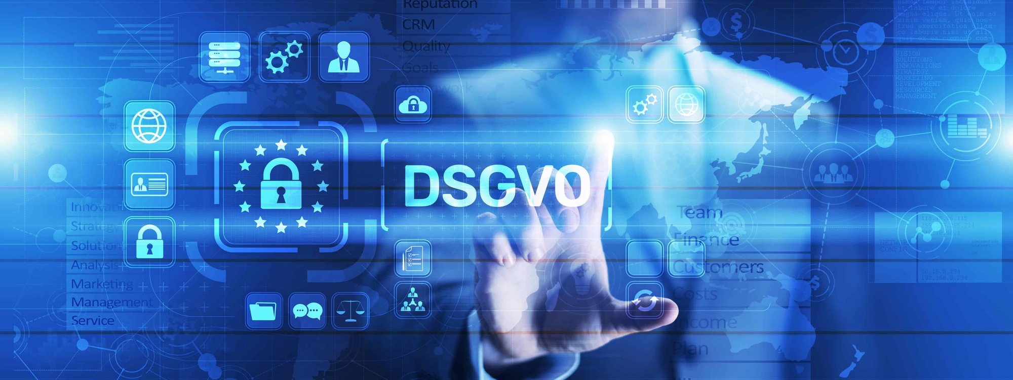 A man is touching the word DSGVO on a blue screen.