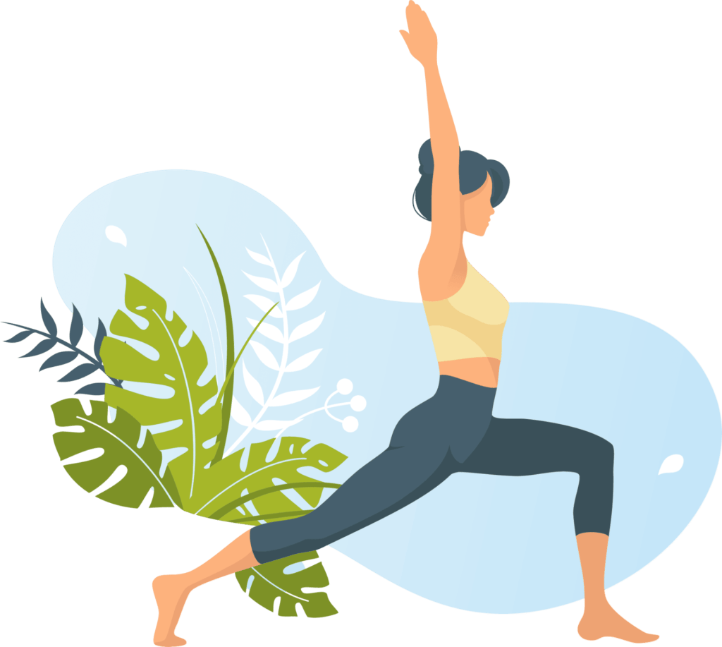 A woman does yoga with plants and leaves.